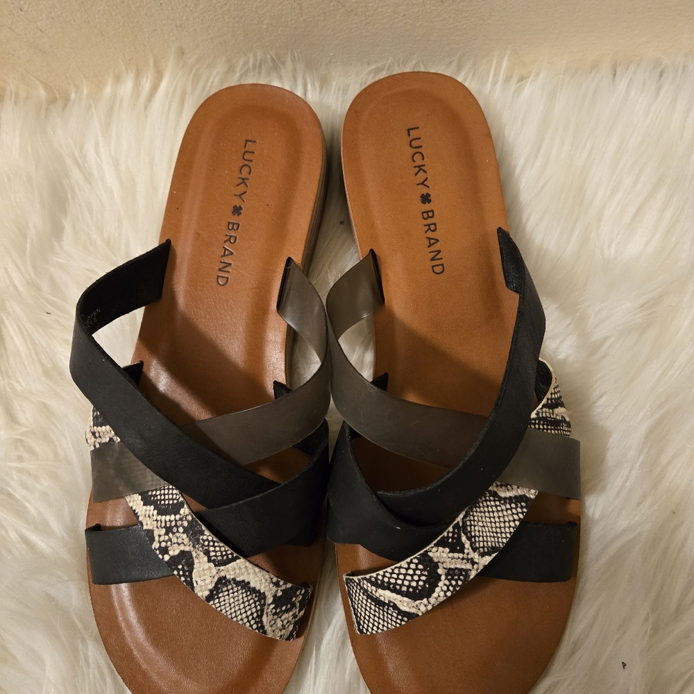 Lucky Brand Women's Hallisa Flat Sandal Shoes Slippers Black & Brown Size 9M/40